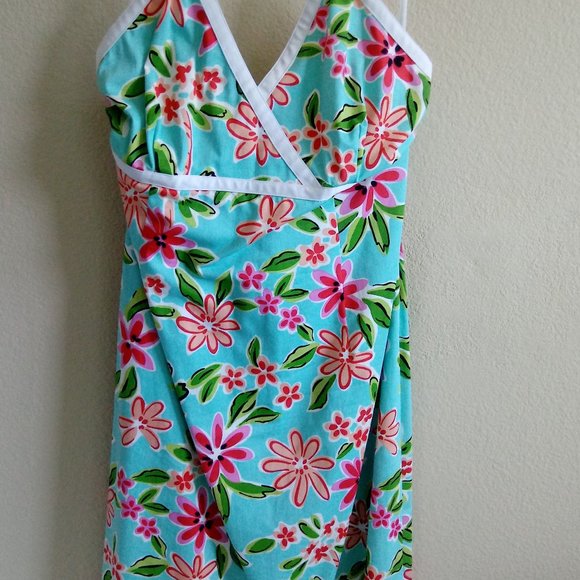 Turquoise Floral Pattern Halter Dress - Picture 1 of 3